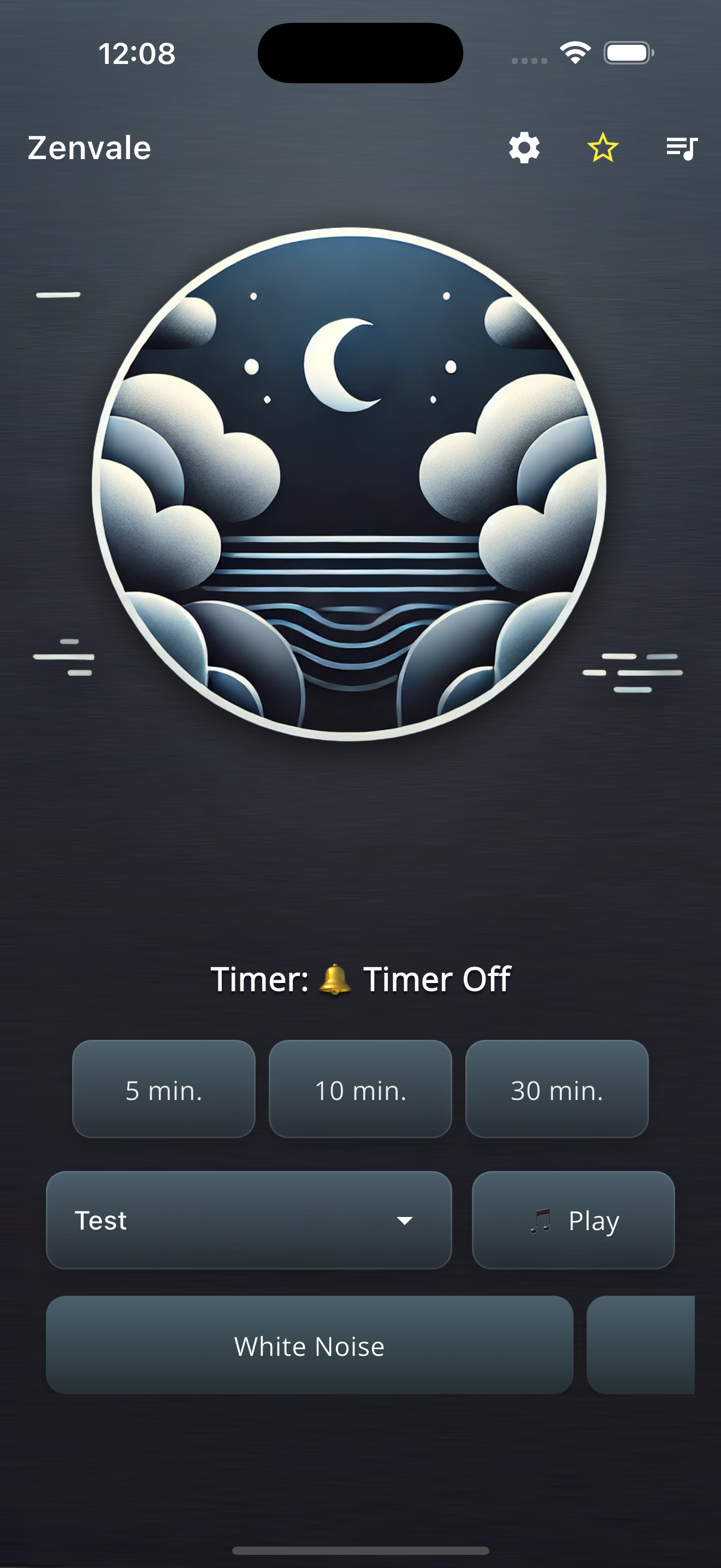 🏠 Zenvale Hauptscreen - Der zentrale Ort für alle Ihre Sleep-Sounds. Einfache Navigation zu allen wichtigen Features mit elegantem Dark Mode Design.