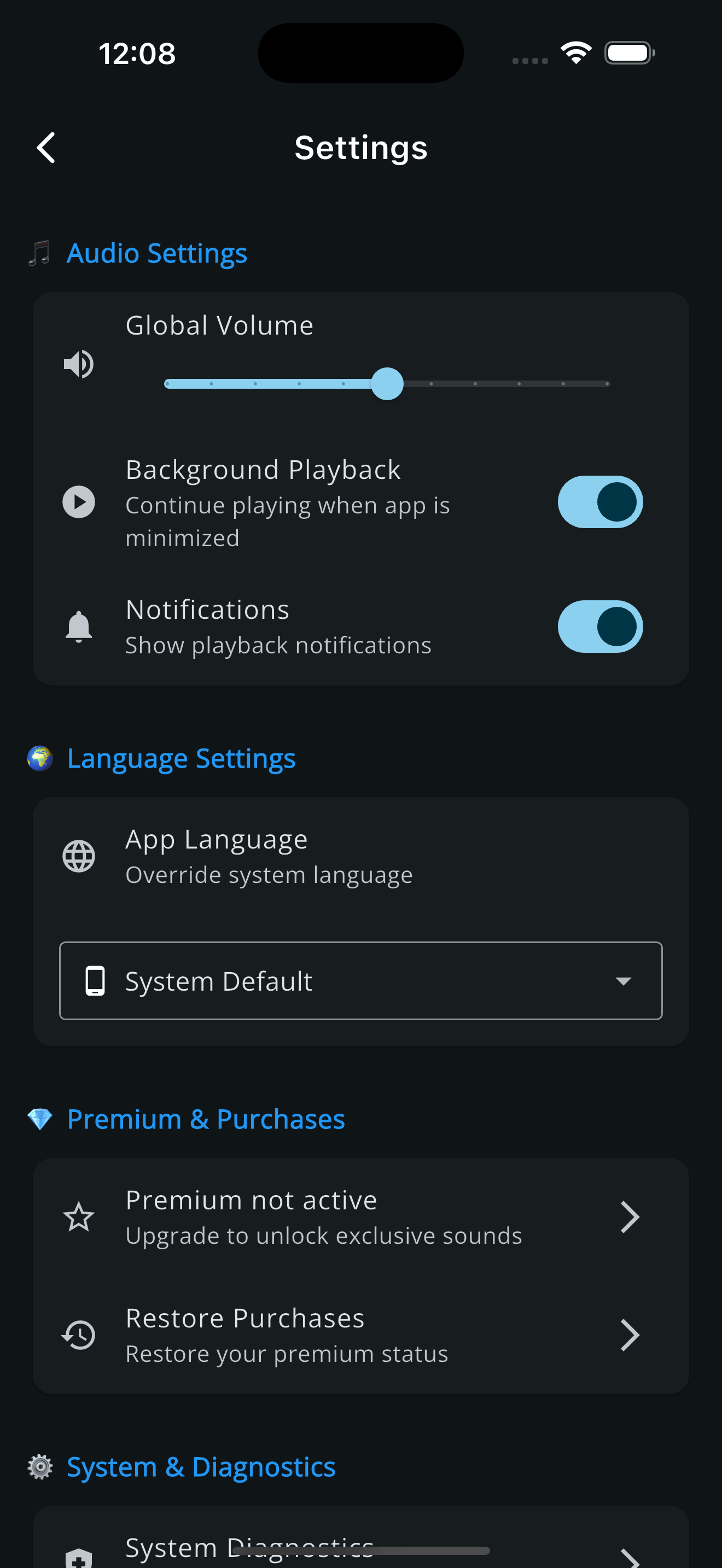 ⚙️ App Einstellungen - Personalisiere deine App-Erfahrung mit umfangreichen Audio-, Sprach- und System-Einstellungen.